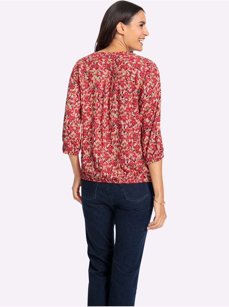 Chemisier à col V avec manches 3/4 et motif fleuri - Taille standard - Witt Vert/Rouge - Kiabi