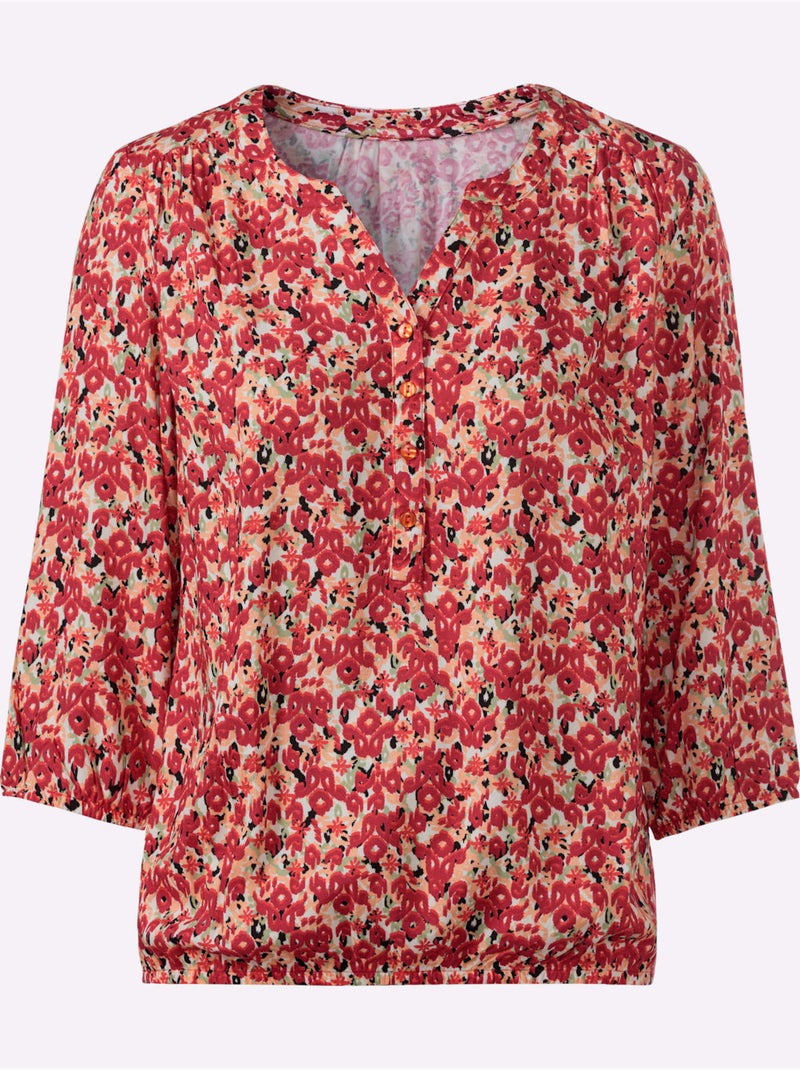 Chemisier à col V avec manches 3/4 et motif fleuri - Taille standard - Witt Vert/Rouge - Kiabi