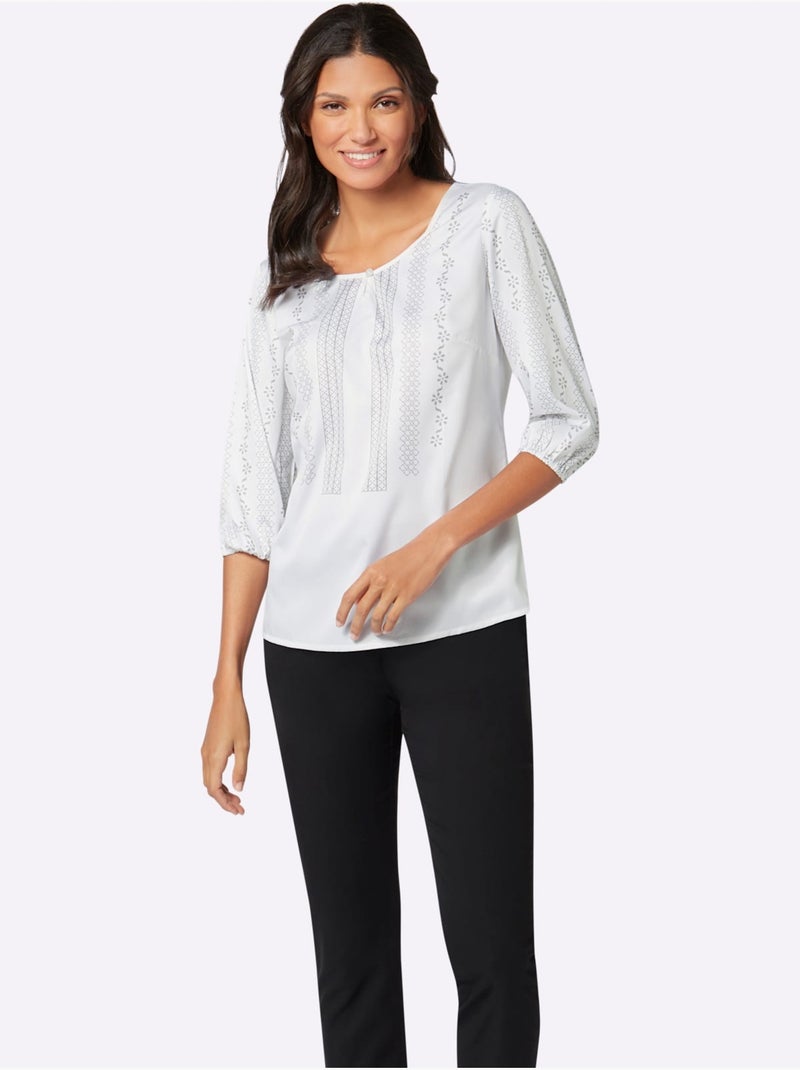Chemisier à encolure goutte d'eau avec motif feuilles et manches 3/4 - taille standard - moda vilona Gris Ecru - Kiabi