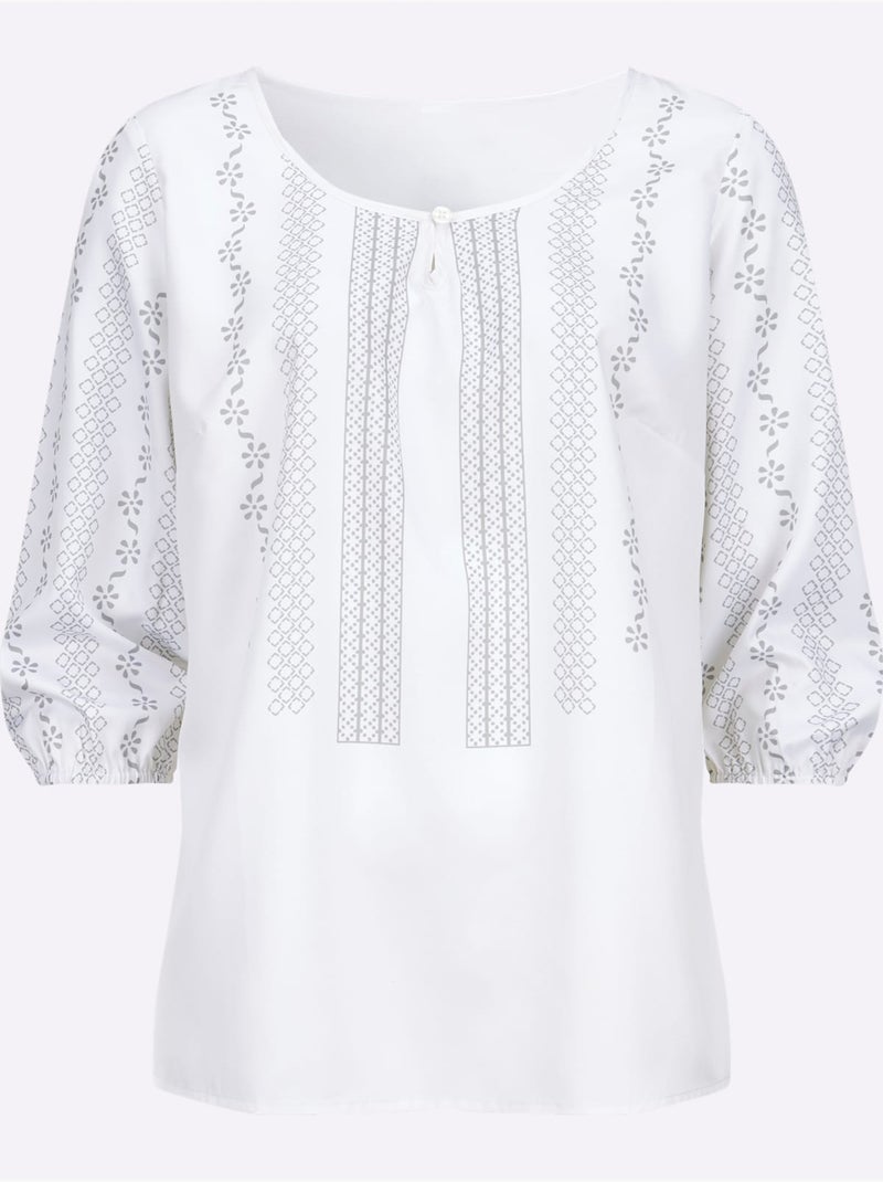 Chemisier à encolure goutte d'eau avec motif feuilles et manches 3/4 - taille standard - moda vilona Gris Ecru - Kiabi
