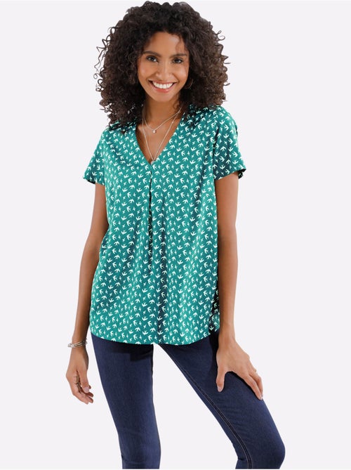 Chemisier à imprimé hirondelles avec col en V et manches courtes - Taille standard - Moda Vilona - Kiabi Chemisier à imprimé hirondelles avec col en V et manches courtes - Taille standard - Moda Vilona - Kiabi