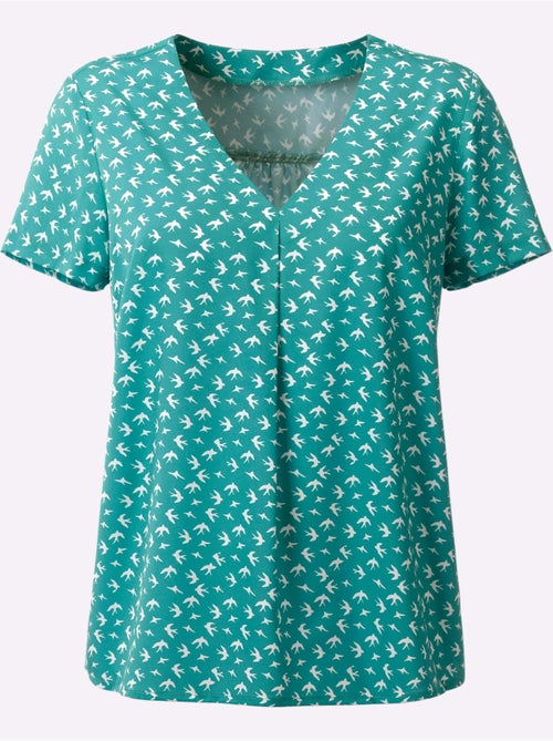 Chemisier à imprimé hirondelles avec col en V et manches courtes - Taille standard - Moda Vilona - Kiabi Chemisier à imprimé hirondelles avec col en V et manches courtes - Taille standard - Moda Vilona - Kiabi