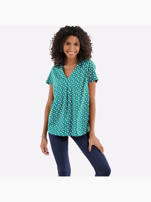Chemisier à imprimé hirondelles avec col en V et manches courtes - Taille standard - Moda Vilona - Kiabi Chemisier à imprimé hirondelles avec col en V et manches courtes - Taille standard - Moda Vilona - Kiabi