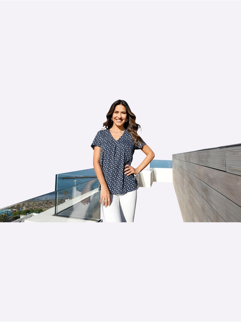 Chemisier à imprimé hirondelles avec col en V et manches courtes - Taille standard - Moda Vilona Bleu marine - Kiabi