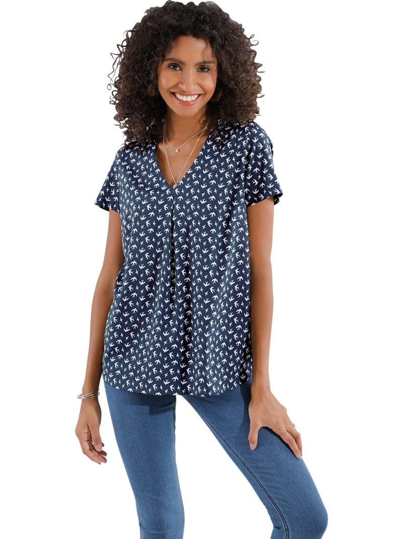 Chemisier à imprimé hirondelles avec col en V et manches courtes - Taille standard - Moda Vilona Bleu marine - Kiabi