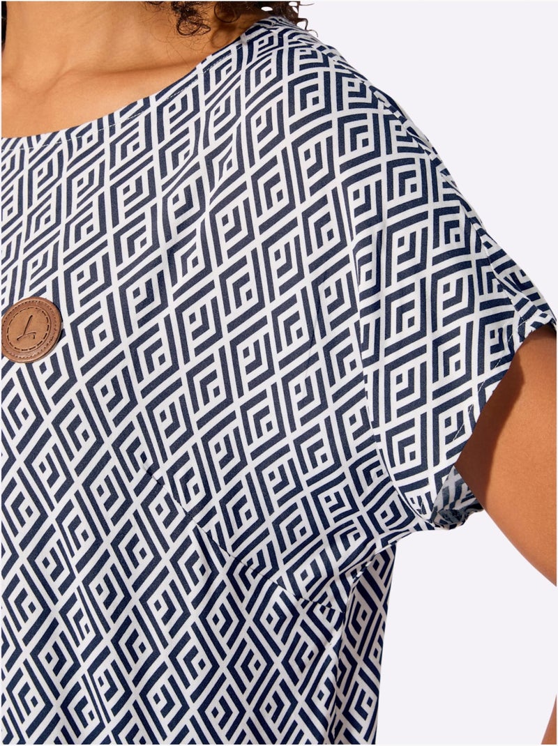 Chemisier à mancherons avec imprimé graphique en viscose - Taille standard - Witt Bleu Bleu marine Blanc - Kiabi