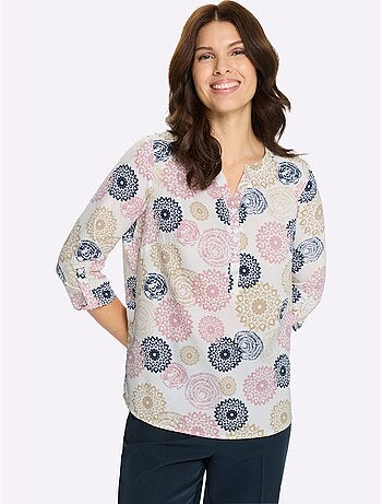 Chemisier à manches 3/4 avec col V et patte de boutonnage - Taille standard - Moda Vilona