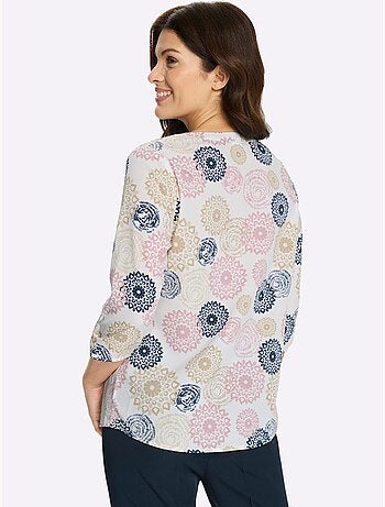 Chemisier à manches 3/4 avec col V et patte de boutonnage - Taille standard - Moda Vilona
