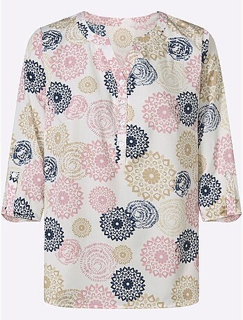 Chemisier à manches 3/4 avec col V et patte de boutonnage - Taille standard - Moda Vilona