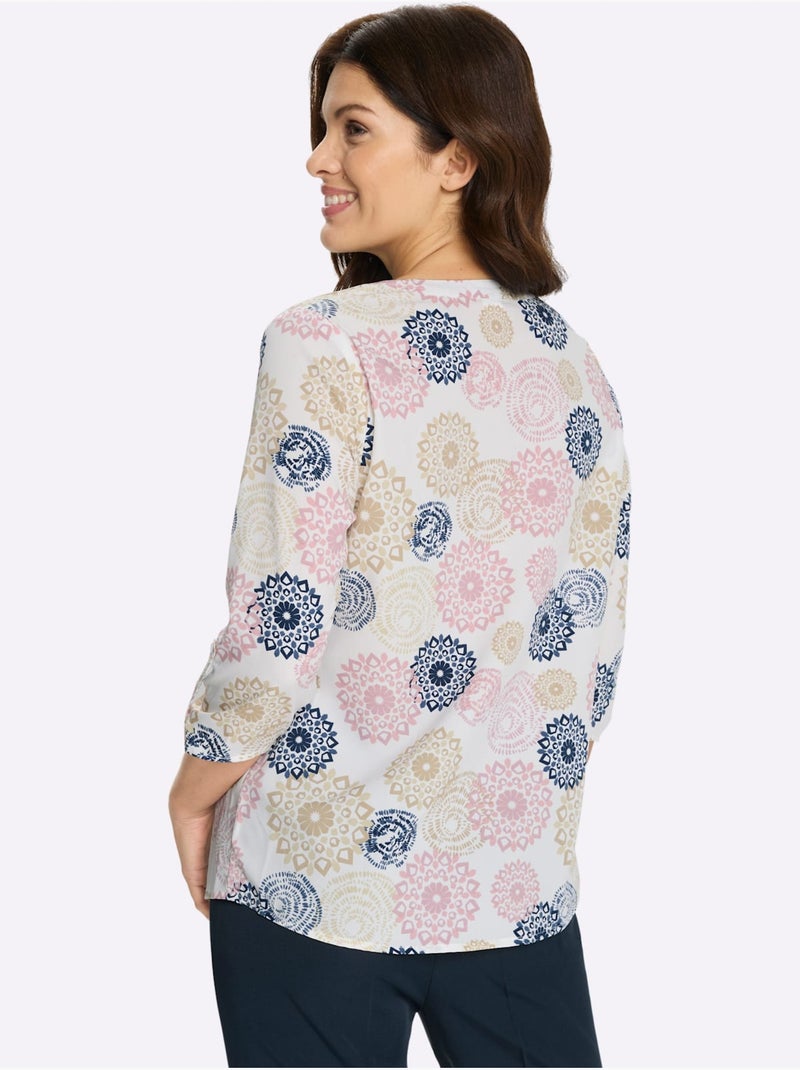 Chemisier à manches 3/4 avec col V et patte de boutonnage - Taille standard - Moda Vilona Écru/Violet - Kiabi