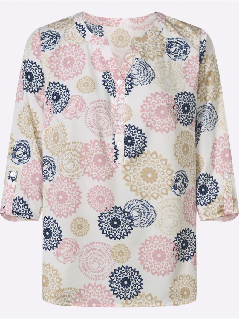 Chemisier à manches 3/4 avec col V et patte de boutonnage - Taille standard - Moda Vilona Écru/Violet - Kiabi