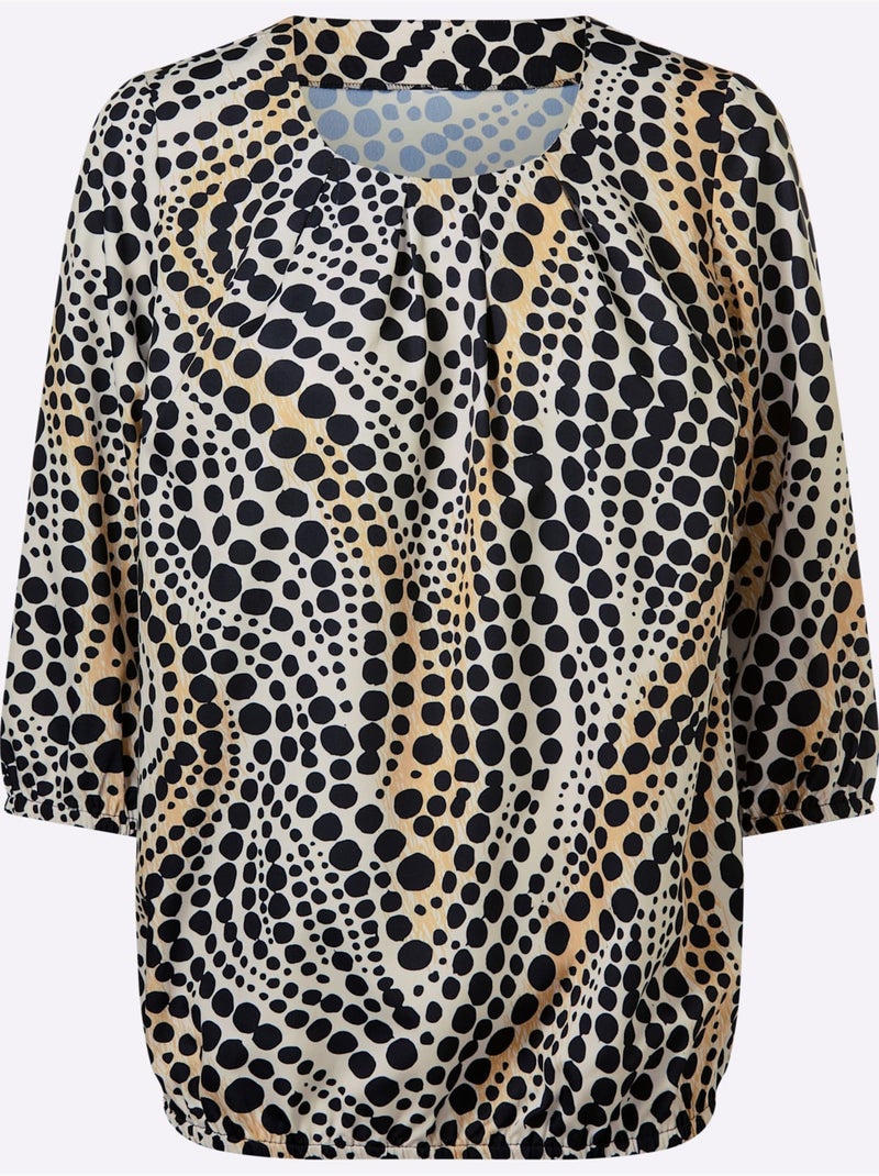 Chemisier à manches 3/4 avec encolure ronde à motifs graphiques - Taille standard - Moda Vilona Marron - Kiabi