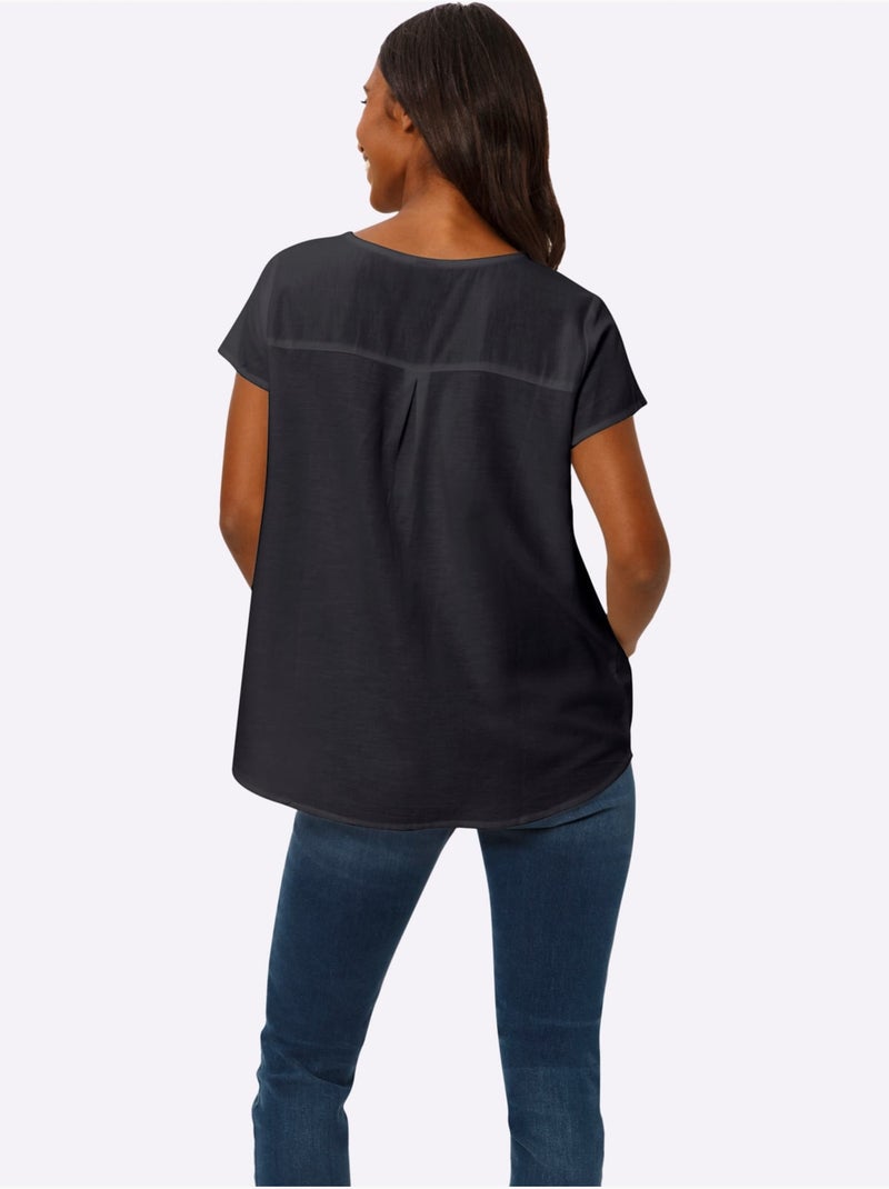 Chemisier à Manches Courtes 55% Lin - Taille Standard - Helline Noir - Kiabi