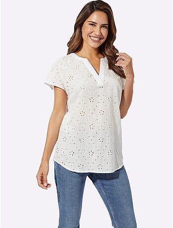 Chemisier à manches courtes avec broderie ajourée et col en V - Taille standard - Moda Vilona