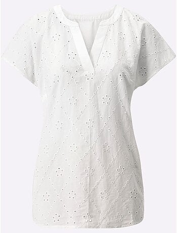 Chemisier à manches courtes avec broderie ajourée et col en V - Taille standard - Moda Vilona