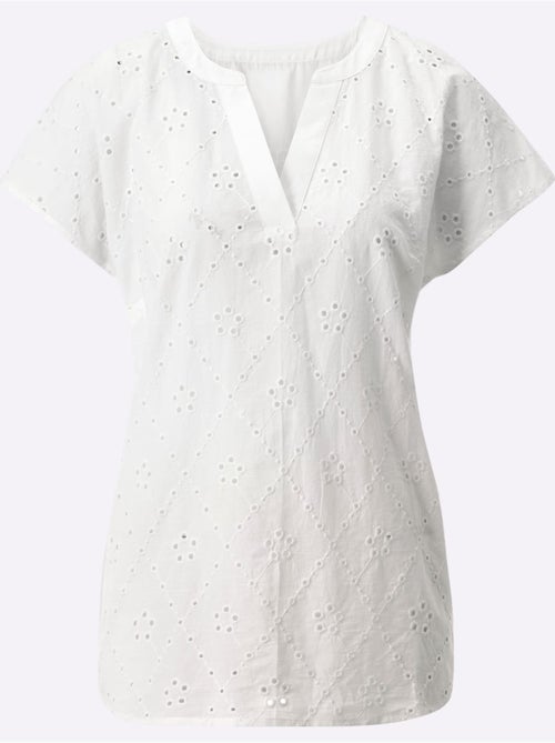 Chemisier à manches courtes avec broderie ajourée et col en V - Taille standard - Moda Vilona - Kiabi