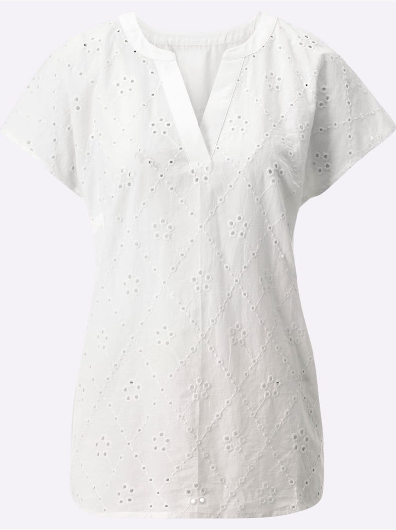 Chemisier à manches courtes avec broderie ajourée et col en V - Taille standard - Moda Vilona Blanc - Kiabi