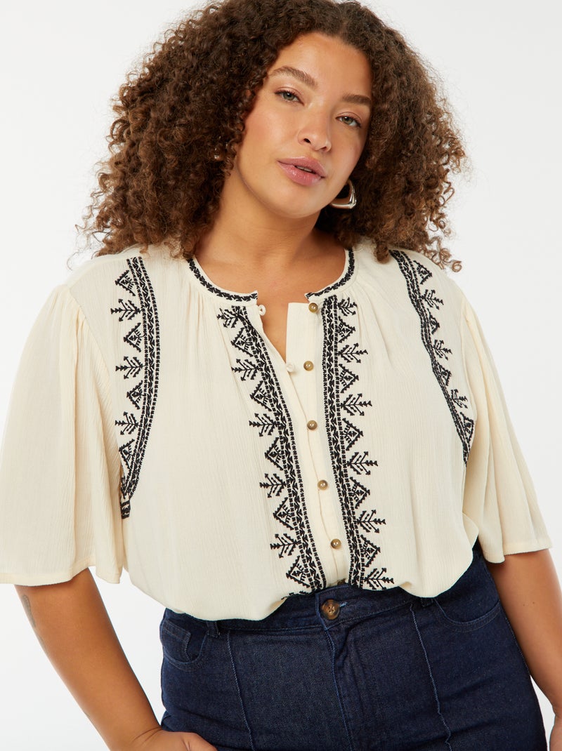 Chemisier à manches courtes avec broderies Beige - Kiabi