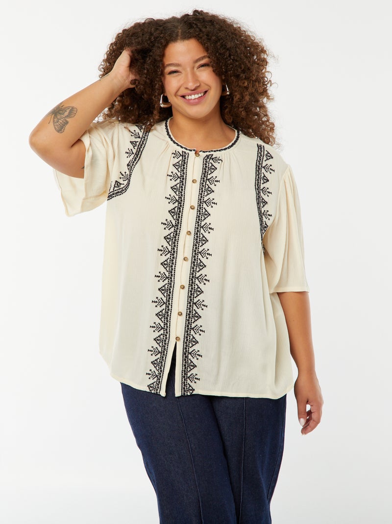 Chemisier à manches courtes avec broderies Beige - Kiabi