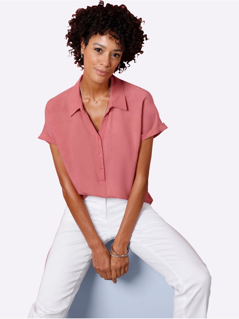 Chemisier à manches courtes avec col ouvert et boutons - Taille standard - Moda Vilona Rose - Kiabi