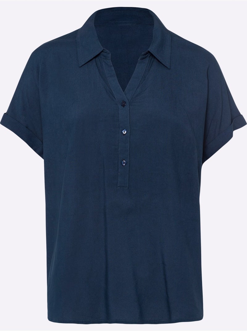 Chemisier à manches courtes avec col ouvert et patte de boutonnage - Taille standard - Moda Vilona Bleu foncé - Kiabi