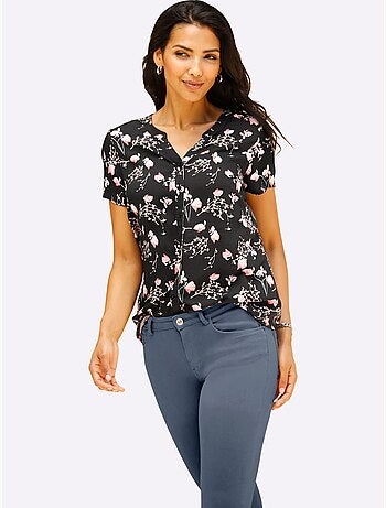 Chemisier à manches courtes avec col V en viscose à motifs floraux - Taille standard - Moda Vilona