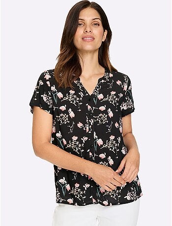 Chemisier à manches courtes avec col V en viscose à motifs floraux - Taille standard - Moda Vilona