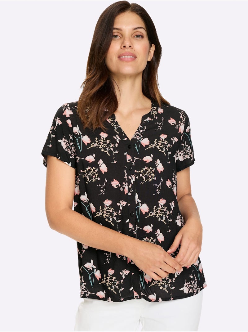 Chemisier à manches courtes avec col V en viscose à motifs floraux - Taille standard - Moda Vilona Noir Rose - Kiabi