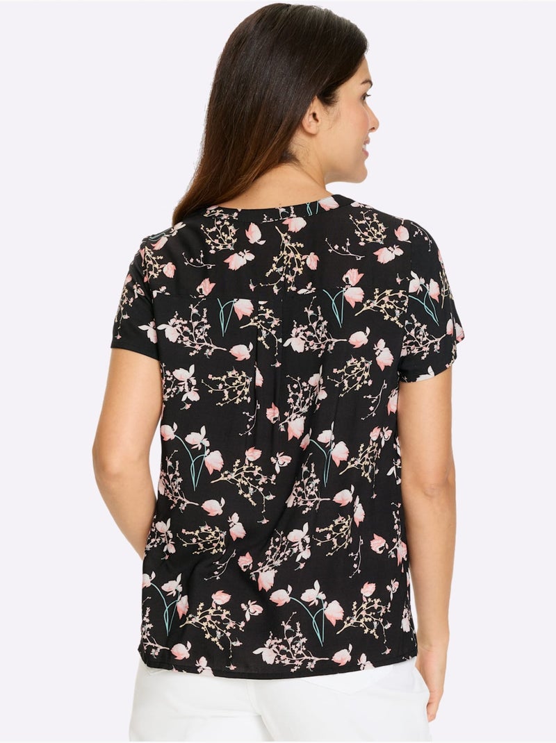 Chemisier à manches courtes avec col V en viscose à motifs floraux - Taille standard - Moda Vilona Noir Rose - Kiabi