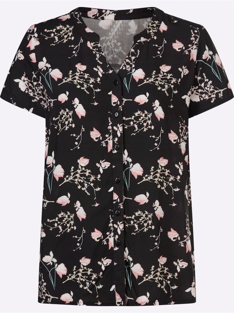 Chemisier à manches courtes avec col V en viscose à motifs floraux - Taille standard - Moda Vilona Noir Rose - Kiabi