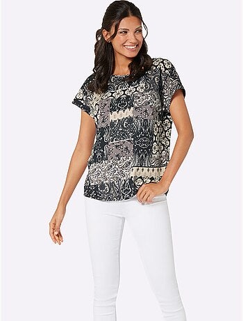 Chemisier à manches courtes avec imprimé patchwork et encolure en U - Taille standard - Moda Vilona