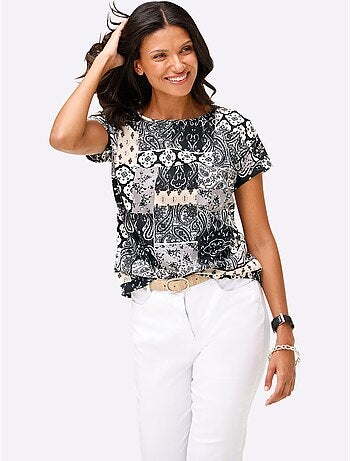 Chemisier à manches courtes avec imprimé patchwork et encolure en U - Taille standard - Moda Vilona