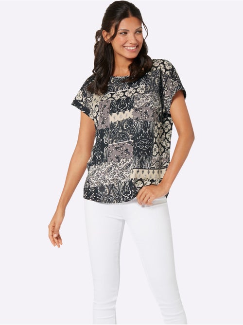 Chemisier à manches courtes avec imprimé patchwork et encolure en U - Taille standard - Moda Vilona - Kiabi