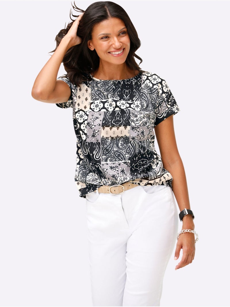 Chemisier à manches courtes avec imprimé patchwork et encolure en U - Taille standard - Moda Vilona Noir Jaune - Kiabi
