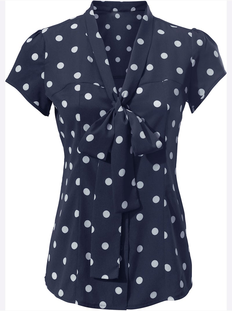 Chemisier à Manches Courtes Motif à Pois Tendance - Taille Standard - Helline Bleu Blanc - Kiabi