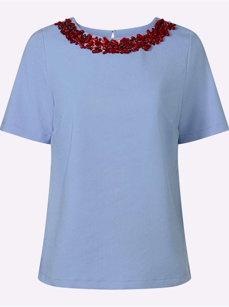 Chemisier à Manches Courtes Perles Fantaisie Et Paillettes - Taille Standard - Helline Bleu ciel - Kiabi