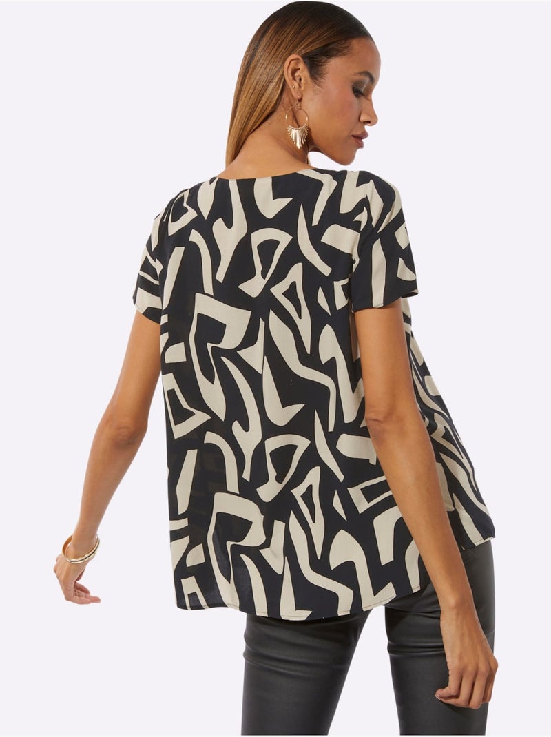 Chemisier à Manches Courtes Viscose (ecovero) - Taille Standard - Helline Beige/Noir - Kiabi