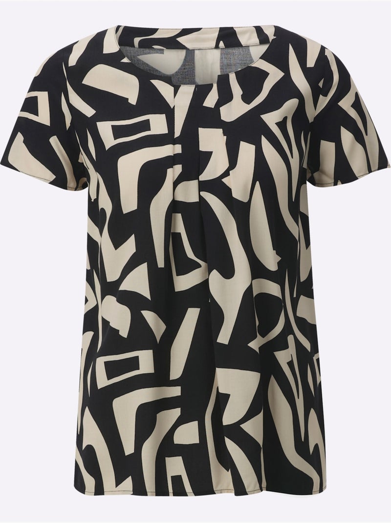 Chemisier à Manches Courtes Viscose (ecovero) - Taille Standard - Helline Beige/Noir - Kiabi