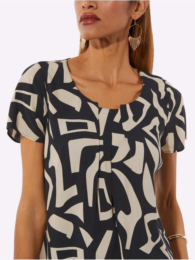 Chemisier à Manches Courtes Viscose (ecovero) - Taille Standard - Helline Beige/Noir - Kiabi