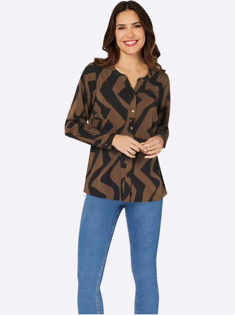 Chemisier à manches longues avec col arrondi et motif graphique - Taille standard - Moda Vilona Noir Marron - Kiabi
