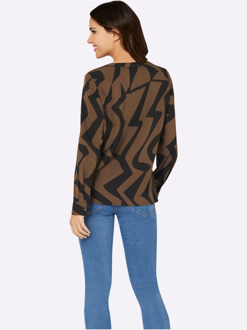 Chemisier à manches longues avec col arrondi et motif graphique - Taille standard - Moda Vilona Noir Marron - Kiabi