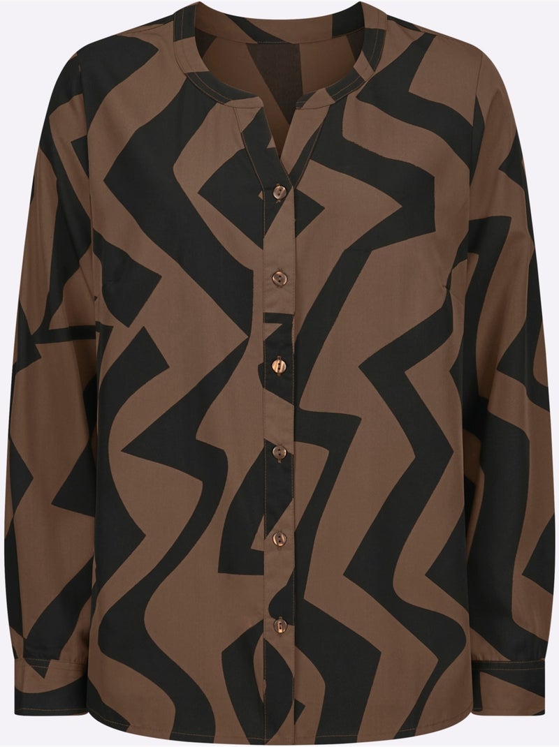 Chemisier à manches longues avec col arrondi et motif graphique - Taille standard - Moda Vilona Noir Marron - Kiabi