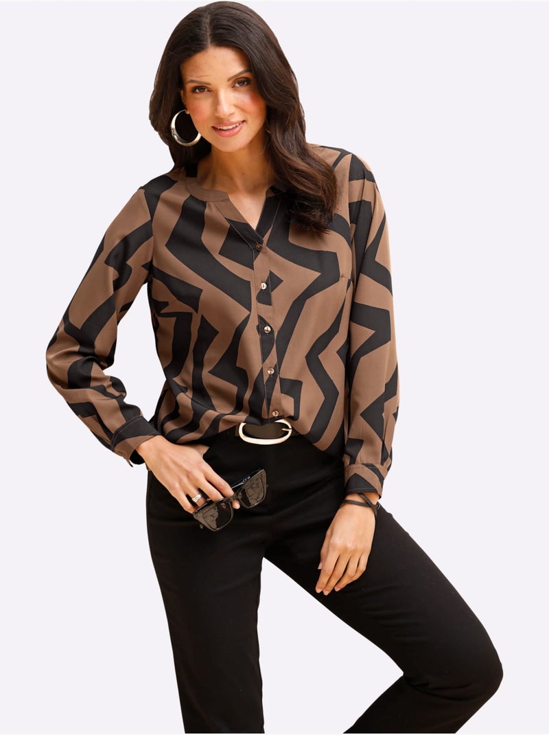 Chemisier à manches longues avec col arrondi et motif graphique - Taille standard - Moda Vilona Noir Marron - Kiabi