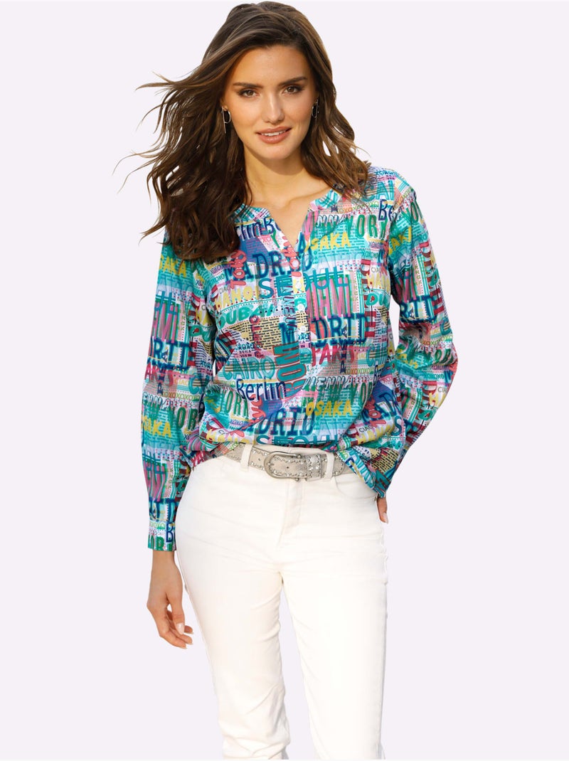 Chemisier à manches longues avec col V et imprimé coloré - Taille standard - Moda Vilona Blanc Bleu - Kiabi