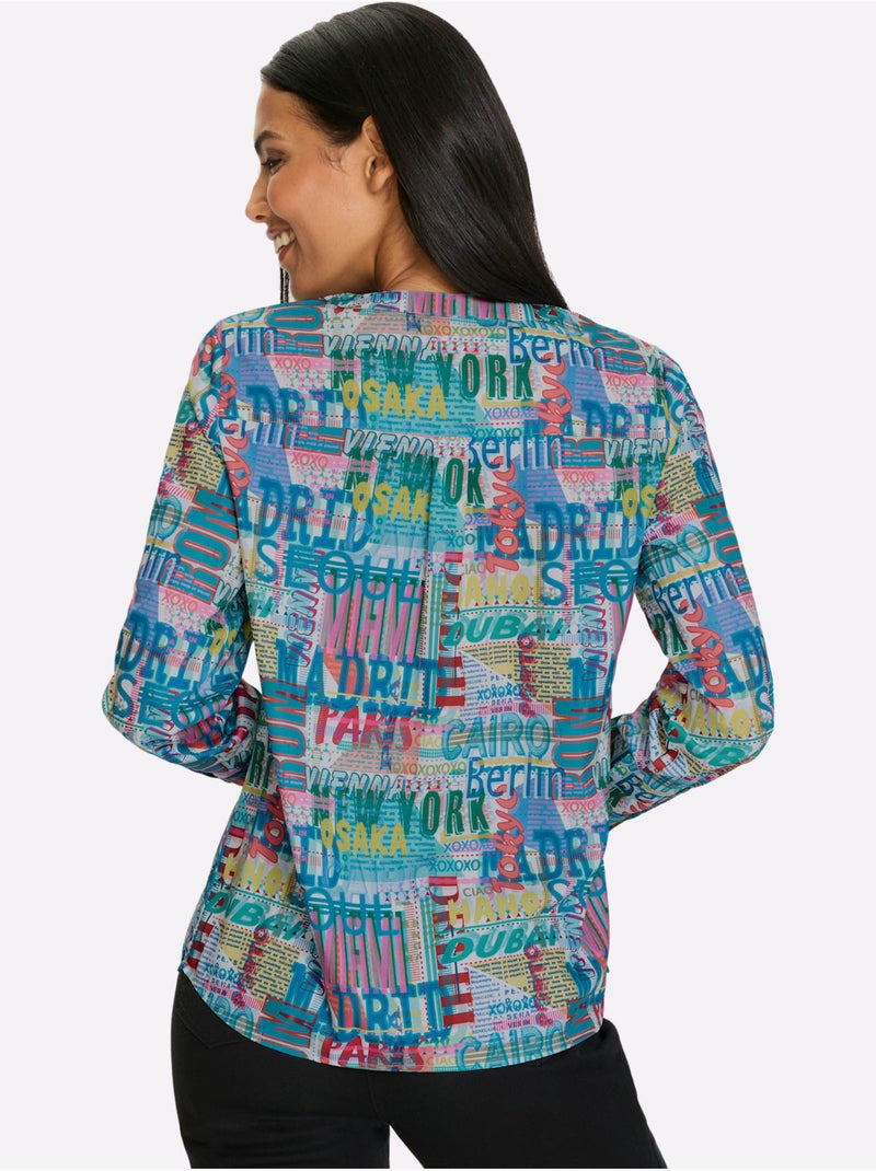 Chemisier à manches longues avec col V et imprimé coloré - Taille standard - Moda Vilona Blanc Bleu - Kiabi
