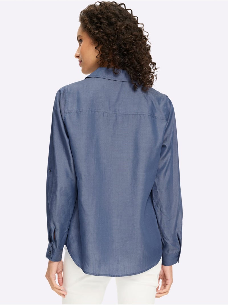 Chemisier à manches longues bordure à pois - taille standard - helline Bleu jean - Kiabi