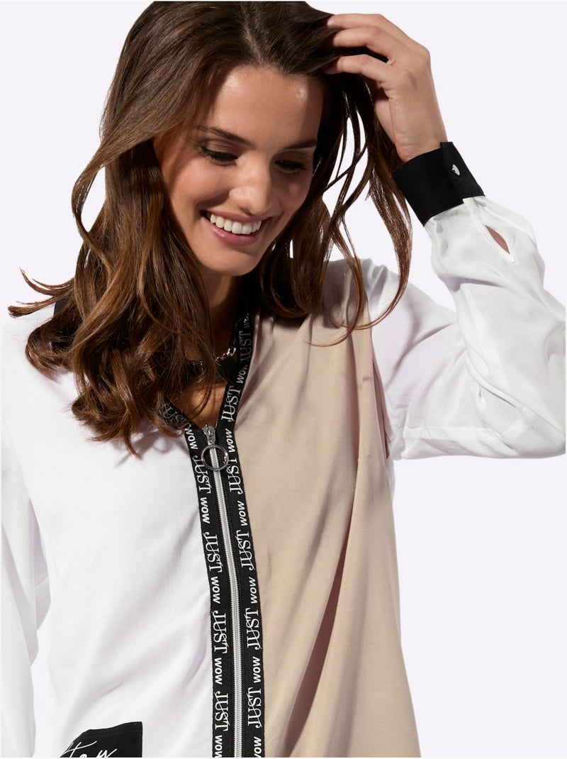 Chemisier à Manches Longues Col Chemise Ouvert - Taille Standard - Witt Beige/Blanc - Kiabi