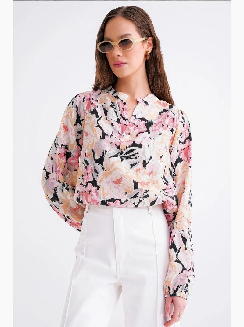 Chemisier à manches longues et col mandarin à imprimé floral mixray Rose pâle - Kiabi