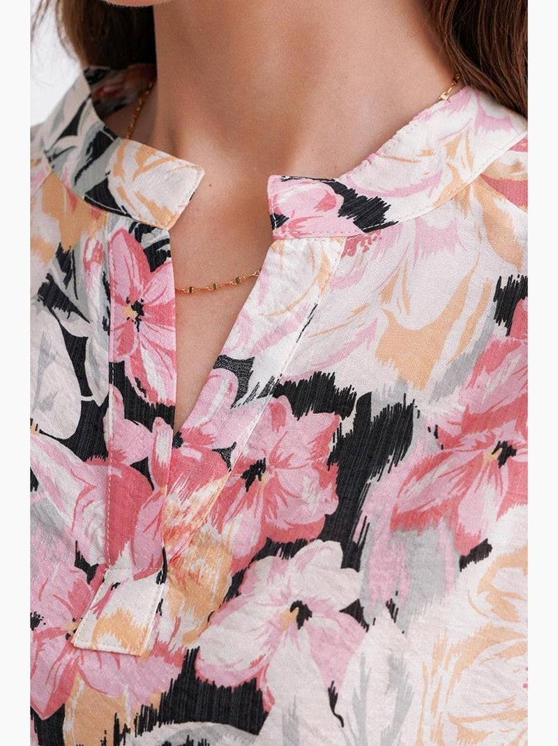 Chemisier à manches longues et col mandarin à imprimé floral mixray Rose pâle - Kiabi