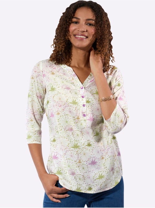 Chemisier à motifs floraux avec encolure V et manches 3/4 - Taille standard - Witt - Kiabi Chemisier à motifs floraux avec encolure V et manches 3/4 - Taille standard - Witt - Kiabi